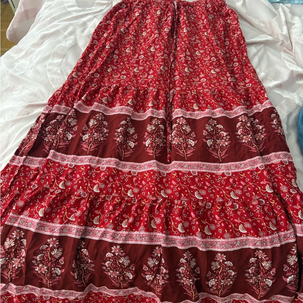 Red Floral Tiered Maxi Skirt
